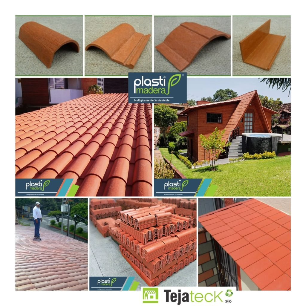 Tejas de plástico reciclado color ladrillo instaladas en techo con pendiente