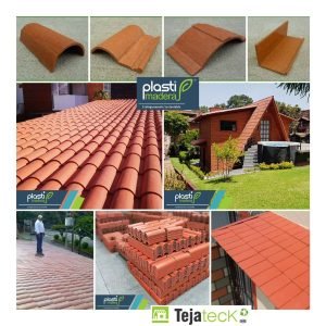 Tejas de plástico reciclado color ladrillo instaladas en techo con pendiente