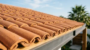 Tejas de plástico reciclado color ladrillo instaladas en techo con pendiente